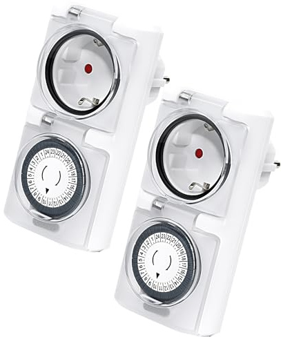 Zeitschaltuhr Aussenbereich, 2er Set 24-Stunden-Mechanische Zeitschaltuhr Steckdose Outdoor mit Kindersicherung & Schutzabdeckung, IP44 Wasserdicht, für Poolpumpen, Lichter, Weihnachtsdeko, Weiß