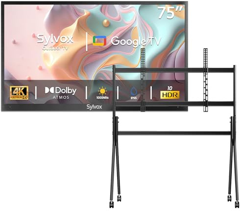 SYLVOX 75 Pouces TV Extérieur & Support Téléviseur à roulettes - 4K UHD Luminosité 1000Nits, Smart Google Outdoor TV Étanche IP55, Dolby Audio, Wi-FI, Google Assistant (Deck Pro 2.0)