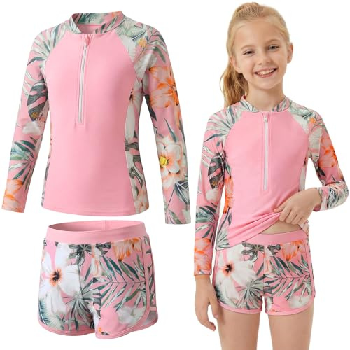 Baogaier Costume da Bagno Ragazze 2 Pezzi Manica Lunga Rash Guard Set | Protezione Solare, Stampa Floreale Top con Zip e Pantaloncini, Morbidi, Costume Piscina Spiaggia Mare, Bambina per 5-14 Anni