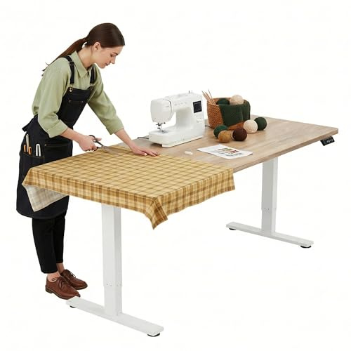 TIQLAB Electric Adjustable Sewing Table, 63x24 Workbench Adjustable Height, Ergonomic Worktable for Garage, Craft Desk, Spacious Desk for Sewing and Crafts, 2 Piece Board, Maple