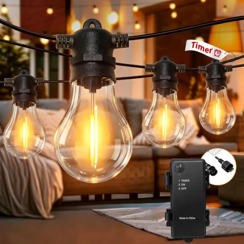 aurogeek Battery String Lights Outdoor 11m/36ft LED Festoon for Garden | 10 A60 bulbs, 2700K, 20hrs battery, 6hrs on/18hrs off timer, Rechargeable, IP64 waterproof, For garden, camping, wedding