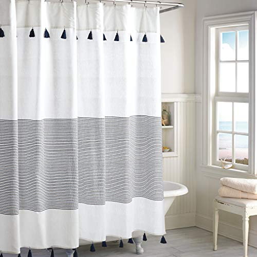 Peri Home Panama Stripe Boho Farmhouse Quaste Duschvorhang 100% Baumwolle Stoff Duschvorhang mit Quasten für Badezimmer Dekor, 183 x 183 cm, Marineblau