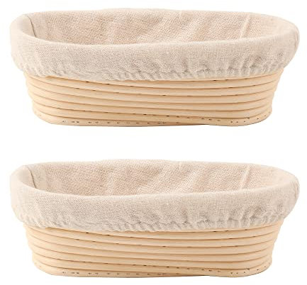 DOYOLLA Set of 2 10inch Oval Shaped Banneton Brotform Bread Dough Proofing Rising Rattan Basket & Liner Combo