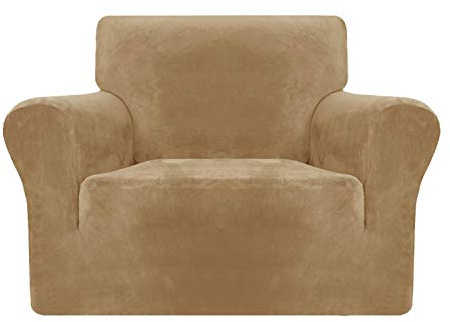 MAXIJIN Dicke Samt Stuhlhussen für Sessel Stretch rutschfeste Sofabezug 1-Sitzer Hunde Katze Haustier Wohnzimmer 1-teiliger Couch Protector Stuhl Schonbezug (1 Sitzer, Kamel)