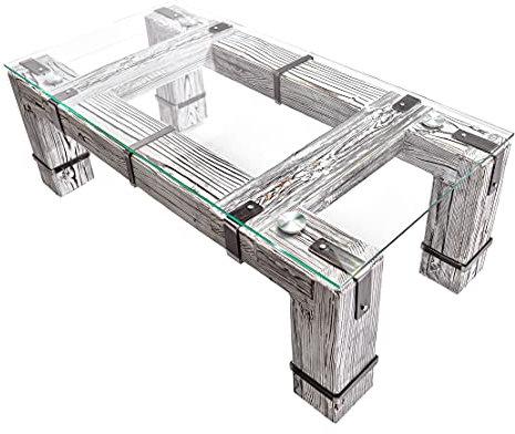 CHYRKA® Wohnzimmertisch Couchtisch Massivholz Metall Glastisch Holz Glas LEMBERG DROHOBYCZ Loft Handmade (Drohobycz-Weiss, 120x60 cm H=50 cm)
