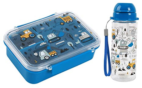 I-Drink – Bundle Lunch box + Borraccia Tritan 400ml, per Bambini, Porta Merenda, Picnic, Scuola, Senza BPA, con Disegni di Infanzia (Truck)