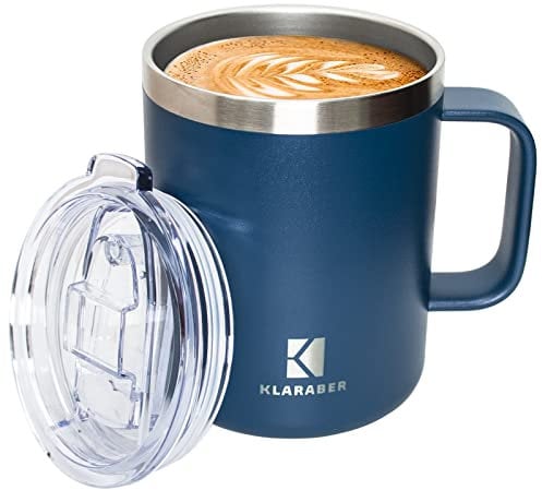 Klaraber Thermal Mug, Insulated Coffee Mug with Handle and Lid, Insulated Camping Mug, Double Walled Stainless Steel Beer Mug, Spill Proof, Reusable, 350ml / 12oz(Blue)