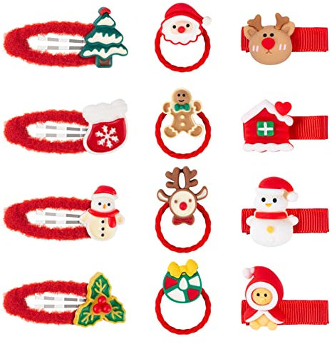 12 Stück Weihnachten Haarschmuck Set, Weihnachts Haarspangen Mädchen Haargummis Weihnachten Haarspangen Schnapp Haarklammern Damen für Baby Kinder Mädchen