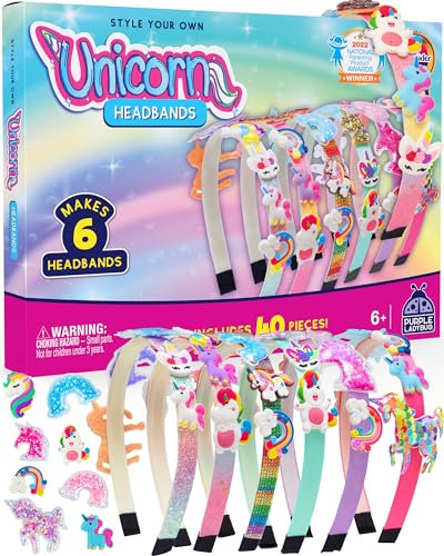 PURPLE LADYBUG Einhorn Haarreif Bastelset für Mädchen - DIY Haarreifen zum Selbermachen - Kreatives Einhorn Bastelset mit 6 Haarbändern & 40 Charms - Geschenk & Einschulung Mädchen 7 8 9 10 Jahre
