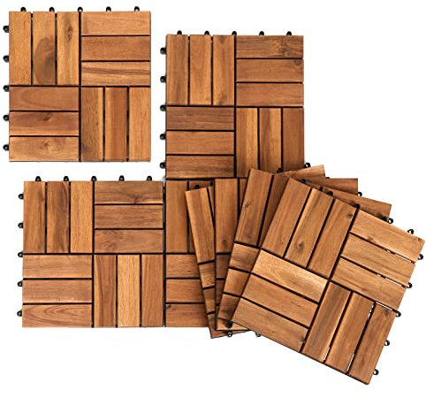 Herrselsam Holzfliesen Terrassenfliesen, 30x30 cm Holzfliesen aus Akazien Holz, 12 Latten Fliese 1m², Bodenfliesen geeignet als Terrassenfliesen und Balkonfliesen(11 Stück)