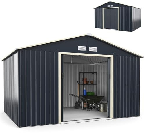 COSTWAY Abri de Jardin Métal 2 Portes Coulissantes Verrouillables, 4 Trous d’Aération, Toit Penché, Cabane Jardin Exterieur Gris pour Vélo, Poubelle, 340 x 255 x 210 cm (Gris)