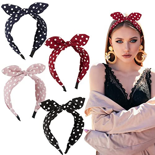 BETESSIN 4Stk. Haarreifen Breit Stirnband Damen Punkte Schleife Haarband Rockabilly Kopfband Vintage Haarschmuck für Mädchen Frauen Schwarz Rosa Rot Blau