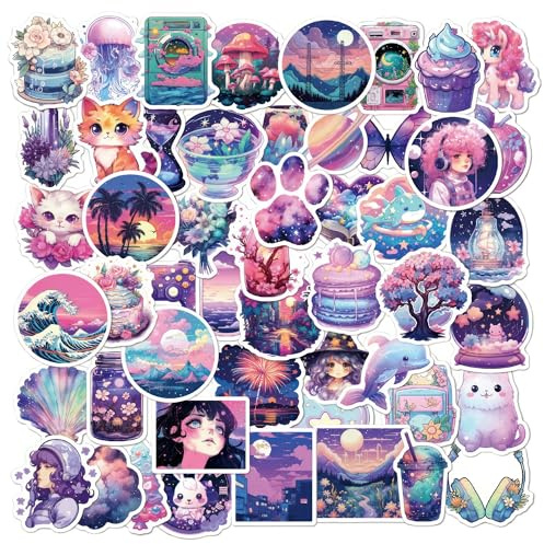 50 Stück Midnight Magic Fantasy-Aufkleber, Kawaii-Wasserflaschen-Aufkleber für Kinder, Teenager, Mädchen, lila, Aufkleber, ästhetisch, niedliche Aufkleber für Laptops, Tagebuch, Sammelalben, Spiegel,