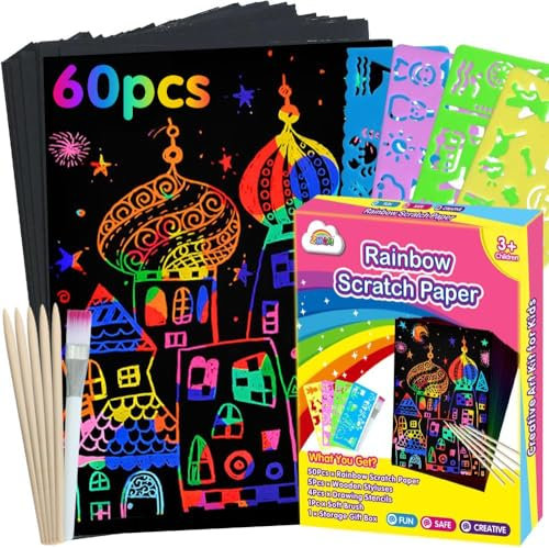 ZMLM 60 Stück Kratzbilder für Kinder und Erwachsene, Zauberhafte Kratzmotive Kratzpapier Set mit Magic Scratch Book, Holzstifte, Malschablonen zum Zeichnen und Basteln für Jungen Mädchen DIY