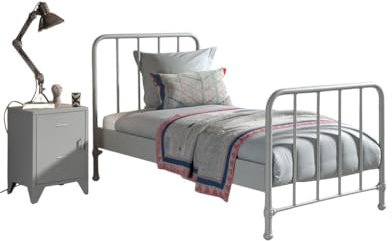 Bett Bronxx Metall 90x200 (inkl. Lattenrost) mit Nachttisch - mattgrau