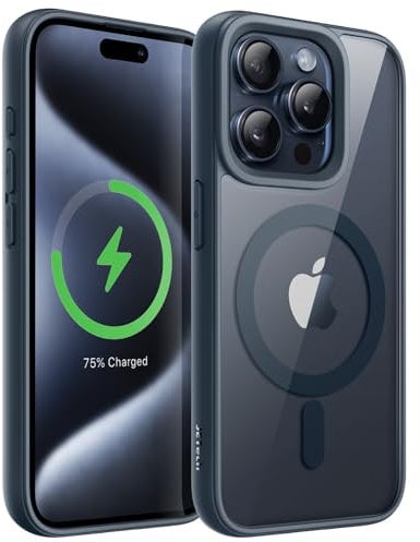 JETech Magnetisch Hülle für iPhone 15 Pro Max 6,7 Zoll Kompatibel mit MagSafe, Stoßfeste Stoßstange Handyhülle, Solid Farbe Matte TPU Rahmen, Anti-Kratzer Transparent Rückseite (Titan Blau)