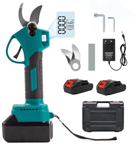 Tijeras de Podar Eléctricas, 40mm Tijeras de Podar Bateria con 2x2000mAh Baterías, Motor Brushless,Tijeras de Poda con Display, Podadora Eléctrica para Jardinería, Árboles Frutales, Viñedos