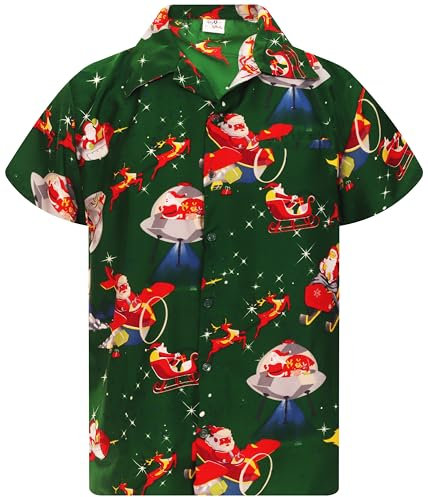 King Kameha Funky-Hawaii-Hemd, Weihnachten, Herren, Kurzarm, Chistmas-Space-Santa, Grün, 4XL