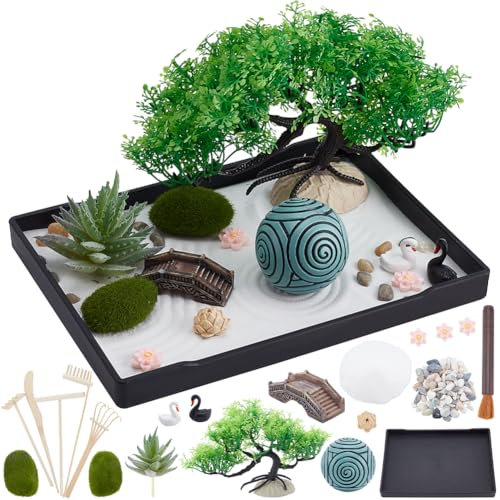 WEBEEDY Mini Japanese Zen Garden Kit DIY Sand Craft Kit für Schreibtisch, 21 x 15.7 cm Desktop Mini Zen Garden Zubehör Sandbox Dekorationen für Home Desktop Entspannung Dekor