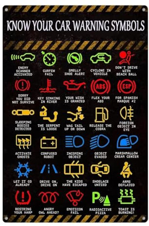 Know Your Car Warning Lights Mechanics Funny Sarcastic Sign Wall Decor Metal Sign Retro Vintage Tin Poster Wall Art Decor 12x8 Inch