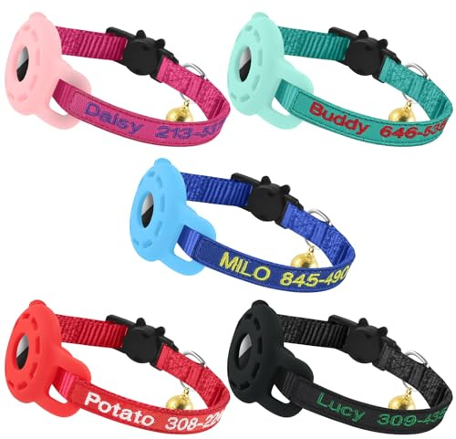 AirTag Katzenhalsband, personalisierbar, Nylon, mit wasserdichter Airtag-Hülle und Glöckchen, verstellbares Haustier-ID-Halsband mit individuellem Namen und Telefonnummer (inkl. Silikon-Schutz)