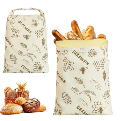 2 Pack Extra Large Beeswax Bread Bags with Zip Closure, Reusable Cotton Linen Sourdough Storage Bags, Natural Beeswax Lining Food Storage for Homemade Bread, Loaves & Baked Goods (D)