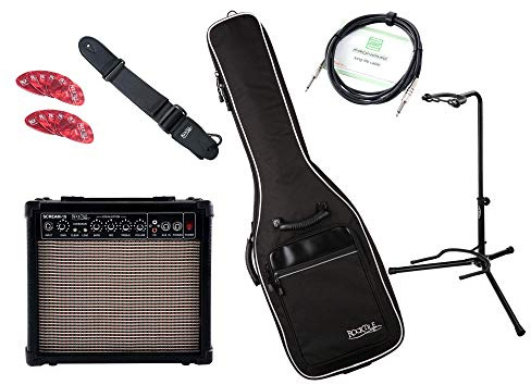 Rocktile E-Gitarren Add On Komplettset Medium inkl. Amp, Tasche, Gurt | Verstärker, 15 Watt Gitarrencombo, 2 Kanäle (Clean/Overdrive), Gain-Regler, 35 mm Klinke Kopfhöreranschluss, Gewicht: 4, 3 kg