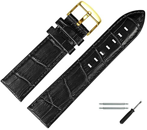 MARBURGER Uhrenarmband 22mm Leder Schwarz Gold Alligator Prägung Mit Naht - Montage Set 7892210000220