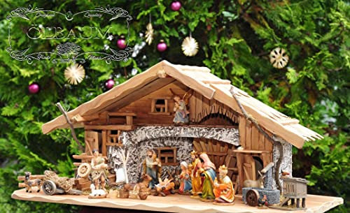 Mega Weihnachtskrippe mit Zubehör, BTV ca. 100 cm Vollholz Massivholz mit Krippenfiguren + 12 Figuren + 2 Laternen - Beleuchtung: LICHT KOMPLETT MIT LED + BELEUCHTUNGSSET + Krippen für Weihnachten au