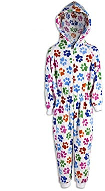 Camille Childrens Super Soft Fleece Onesie- Hooded All In One - Long Sleeved and Full Length with Elasticated Cuffs and Ankles White Paw Print 9-11 Years