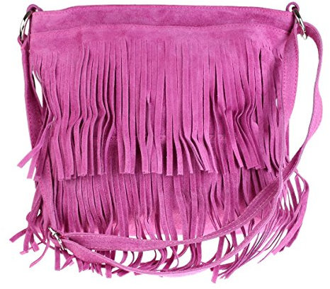 Girly Handbags Womens Large Genuine Suede Fringe Shoulder Bag Crossbody Slouch Elegant - Fuchsia