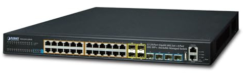 PLANETLayer 3 24-Port 10/100/1000T PoE 802.3at Switch 4-Port 10G SFP+ Uplinks Stackable Web Managed