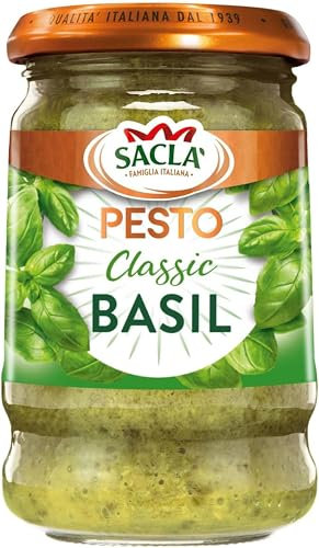 Sacla Italian Basil Pesto - Perfect with Pasta, Pizza, Garlic Bread and Tagliatelli - Made with Fresh Basil Leaves, Italian Cheeses and Pine Nuts - 190g (Pack of 1)
