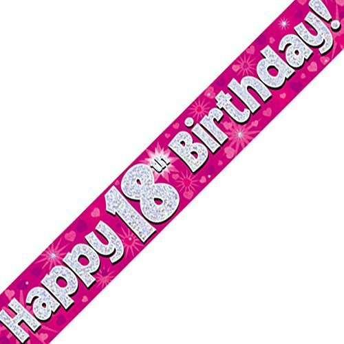 18th Happy Birthday Banner Pink Holographic (9 ft) by Fun Machine