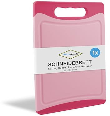 MaxxGoods Schneidebrett Kunststoff mit Saftrille & Griff - Antibakteriell - Frühstücksbrett, Kunststoffbrett beidseitig verwendbar, Spülmaschinenfest - Pink, 20x15x0,8cm