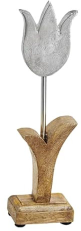 TEMPELWELT® Deko Figur Tulpe Blume 26 cm, Aluminium Metall Blüte Silber mit Mango Holz massiv Natur, Holzdekoration Blümchen Aufsteller Frühling Ostern Sommer