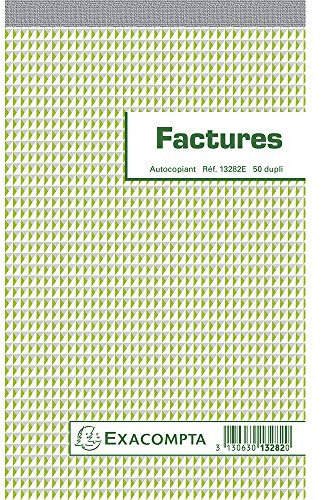 Exacompta - Réf. 13282E - 1 Manifold FACTURES - avec mention TVA - 50 feuillets numérotés et autocopiants - duplicatas (1 original + 1 copie) - format 220 x 135 mm - collé en tête