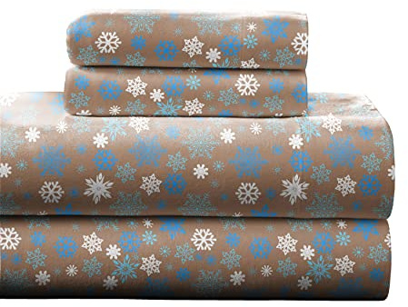 Pointehaven Heavy Weight Flannel Sheet Set, King, Snow Flakes/Tan - Warm & Cozy - 100% Cotton Flannel Pre-Shrunk -170 GSM -Deep Pockets -Easy Fit Elastic All Around-Comfy Double Brushed