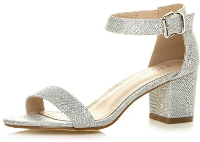 Ajvani Womens Ladies mid Heel peep Toe Buckle Ankle Strap Party Strappy Sandal Size 4 37, Silver Glitter, 4 UK