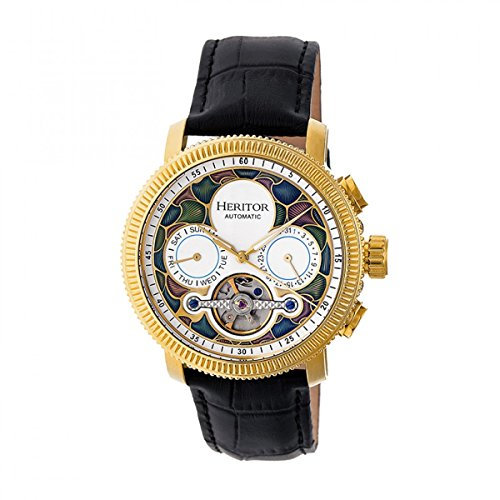 HERITOR Aura Automatic Watch for Men – 44mm Men's Skeleton Watch with Jeweled Automatic Movement, 316L Stainless Steel Case, Sapphire-Coated Mineral Crystal, Leather Strap (HERHR3505) - Gold/White
