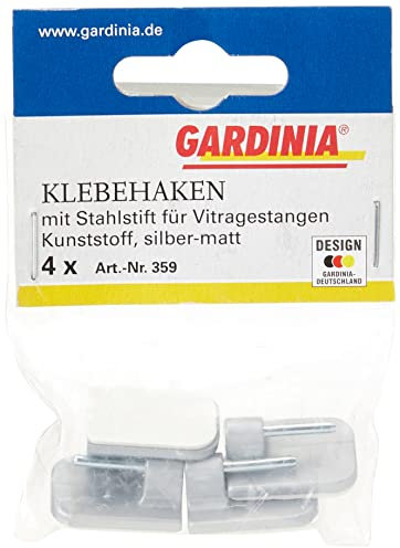 Gardinia Klebehaken für Vitragestangen, 4 Stück, Mit Stahlstift, Selbstklebend, Höhe: 11 mm, Silber-matt