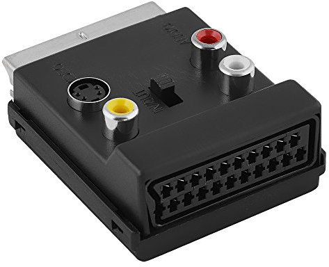 Audio Vidéo Adaptateur avec Interrupteur, 1 x Prise péritel mâle vers 3 x RCA 1 x S-VHS Femelle et 1 x Péritel Femelle, Noir