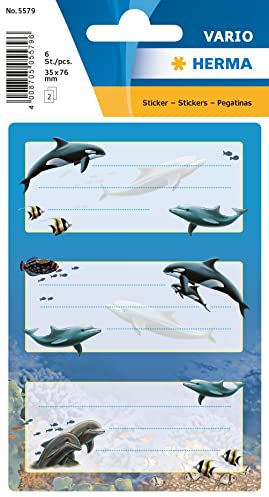 HERMA 5579 Buchetiketten zum Beschriften Delfine, 6 Stück, 76 x 35 mm, selbstklebend, liniert, Buchaufkleber für Schule Kinder Mädchen Jungen, mehrfarbige Heftetiketten Aufkleber, bunt