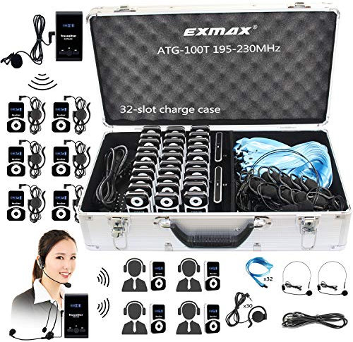 EXMAX ATG-100T 195-230MHz Wireless Tour Guide Monitoring Voice Audio Transmission System + Aluminium Alloy Charge Case for Teaching Tour Guides Conference Church Trip(2 Transmitters and 30 Receivers)