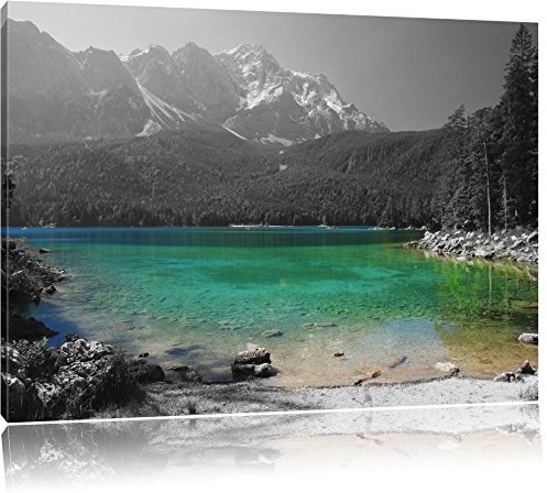 Pixxprint Eibsee vor der Zugspitze B&W, Größe: 120x80cm, Leinwandbild, fertig gespannt, Wandbild, Dekoration, Kunstdruck, kein Poster
