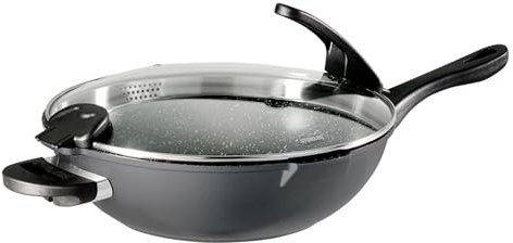 Stoneline Future Wok 32 cm, mit Sieb-Glasdeckel, mit austauschbaren Griffen, induktionsgeeignet, Aluguss, beschichtet mit echten Steinpartikeln, Grau, Wokpfanne mit Deckel