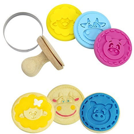 kullaloo Tierisch süßer Keksstempel mit Holzgriff, 3 unterschiedlichen Aufsätzen und Metall-Ausstechring