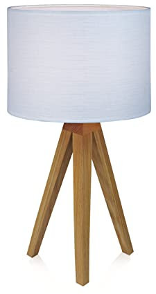 Markslöjd KULLEN Tischleuchte mit Holzfuß skandinavische Shirmlampe mit weißer Textilschirm - Tripod lampe für Wohnzimmer und Schlafzimmer E14 höhe 44cm