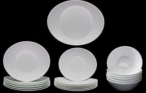 Oval Shaped Prometeo Full Breakfast Service Set in Brilliant White with 1x XL Serving Platter, 6X Breakfast Plates, 6X Side Plates and 6X Breakfast Bowls (19 Pieces)