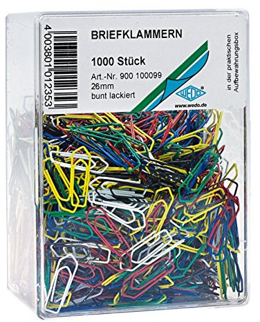 Wedo 901244699 Büroklammer aus Metall 26 mm, lackiert , in Klarsichtdose (1000 Stück, farbig sortiert lackiert)
